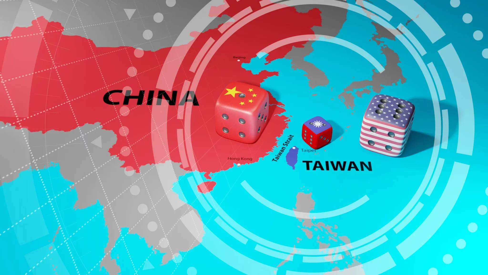A geopolitical map illustrating the Taiwan-China conflict, with dice representing China, Taiwan, and the U.S., symbolizing the strategic and diplomatic tensions in the region.