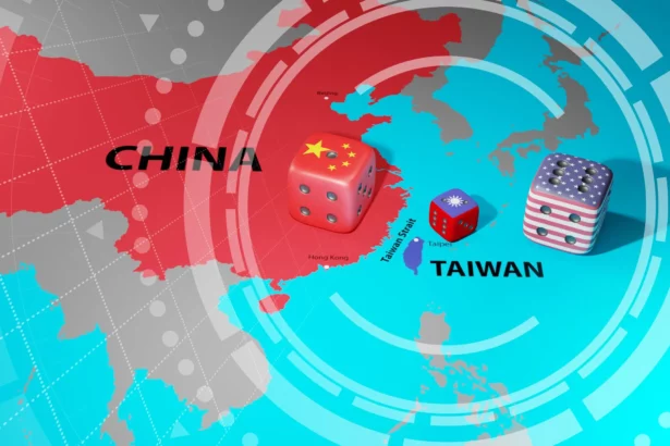 A geopolitical map illustrating the Taiwan-China conflict, with dice representing China, Taiwan, and the U.S., symbolizing the strategic and diplomatic tensions in the region.