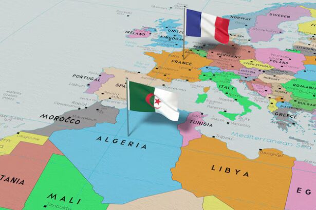 Map showing France and Algeria with national flags, symbolizing their colonial past and ongoing historical tensions.
