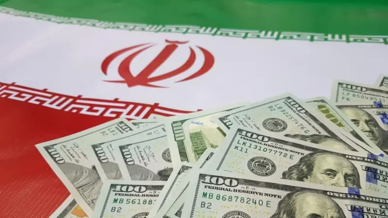 Iranian flag with U.S. dollar bills representing capital flight, state corruption, and economic challenges under sanctions.